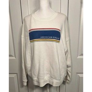 American Eagle White Crew Neck Sweater with Stripe Logo Size L Large
